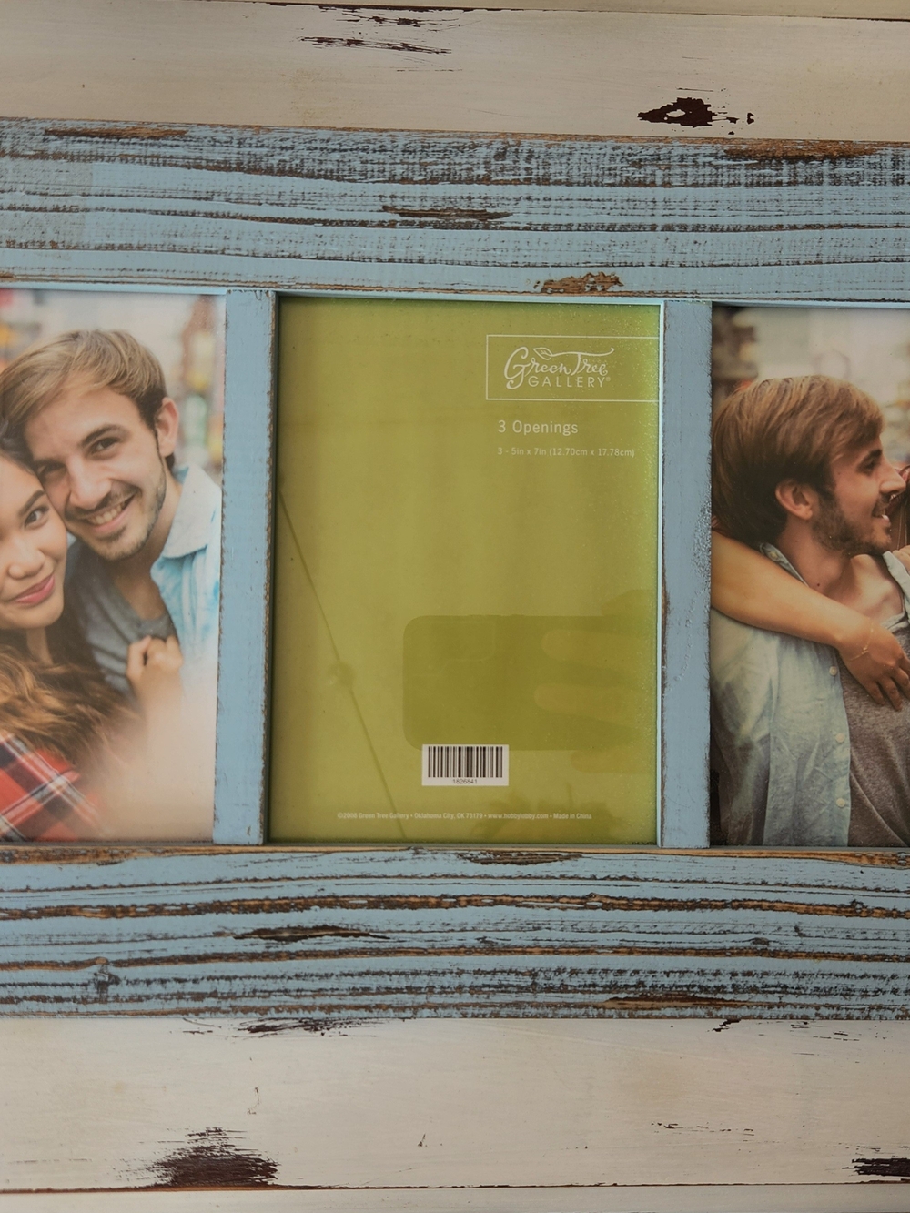 Pair Of Light Blue Distressed Wood 3-Opening Picture Frames